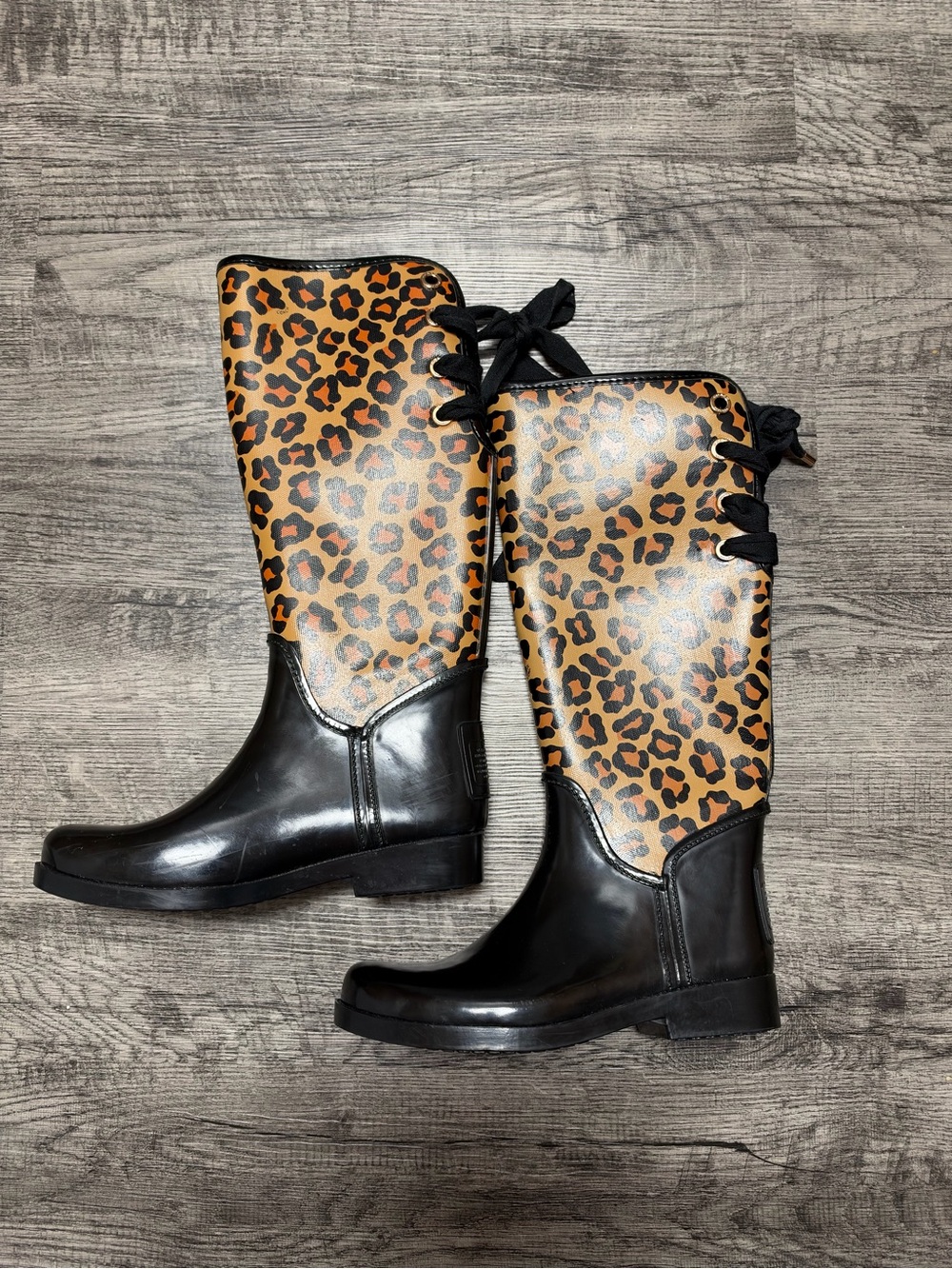 Coach Leopard Print Waterproof Rain Boots with Black Lower